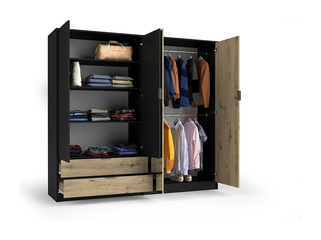 Conjunto completo de dormitorio MELODY - Cama con almacenamiento 180x200 + armario + cómoda + mesitas de noche - Negro grafito y roble claro - Colchón no incluido