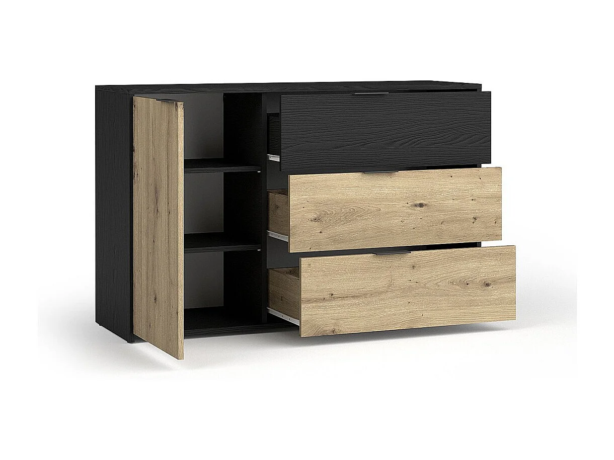 Conjunto completo de dormitorio MELODY - Cama con almacenamiento 180x200 + armario + cómoda + mesitas de noche - Negro grafito y roble claro - Colchón no incluido