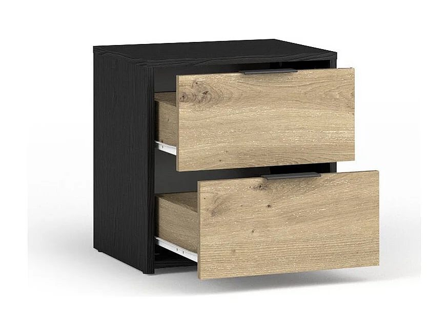 Conjunto completo de dormitorio MELODY - Cama con almacenamiento 180x200 + armario + cómoda + mesitas de noche - Negro grafito y roble claro - Colchón no incluido