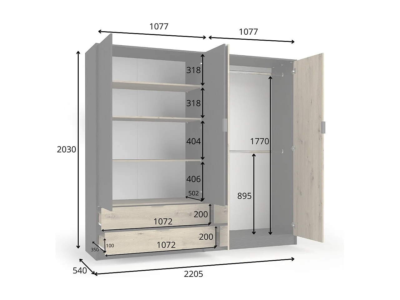 Conjunto completo de dormitorio MELODY - Cama con almacenamiento 180x200 + armario + cómoda + mesitas de noche - Negro grafito y roble claro - Colchón no incluido