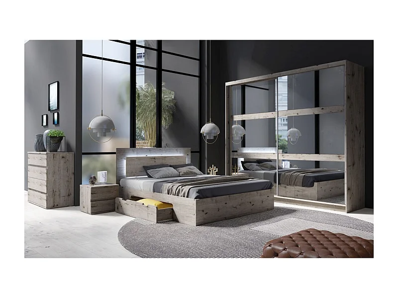 Habitación completa VELTIS - Cama 160x200 LED con somier + armario + cómoda + mesitas de noche - Roble Wellington