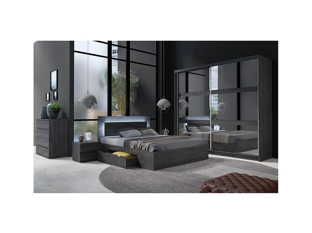 Habitación completa VELTIS – Cama 180x200 LED con somier + armario + cómoda + mesitas de noche – Fresno negro