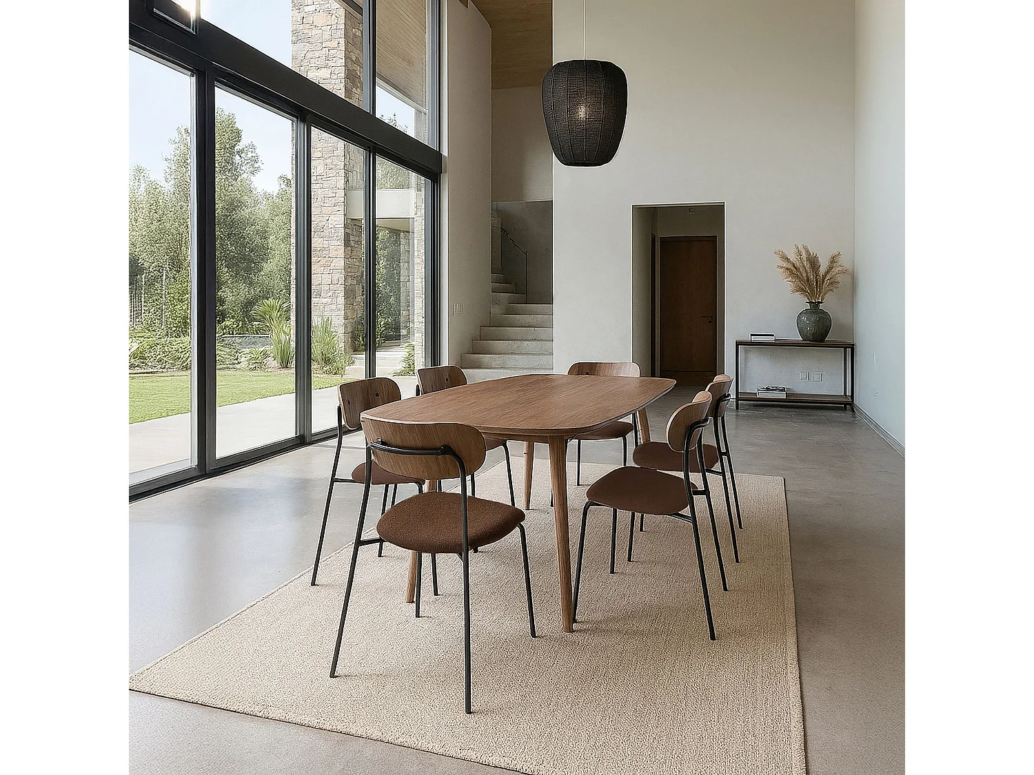 Now's Home - Ensemble Table Rectangulaire Et 6 Chaises En Tissu Chataigne