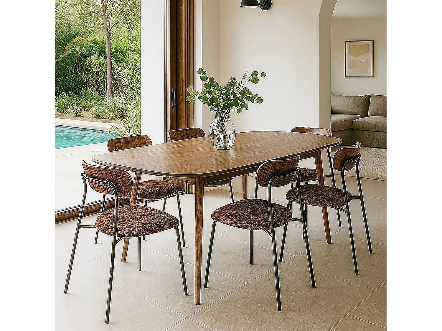 Now's Home - Ensemble Table Rectangulaire Et 6 Chaises En Tissu Chataigne