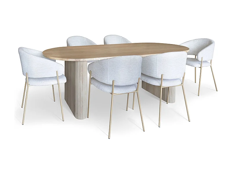Now's Home - Ensemble Table Ovale Et 6 Fauteuils En Tissu Ecru