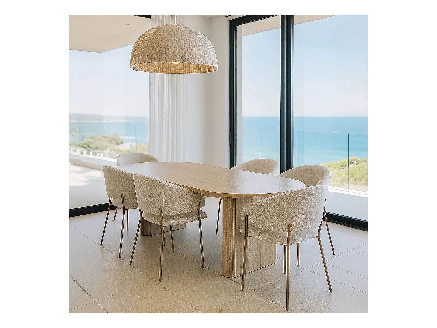 Now's Home - Ensemble Table Ovale Et 6 Fauteuils En Tissu Ecru
