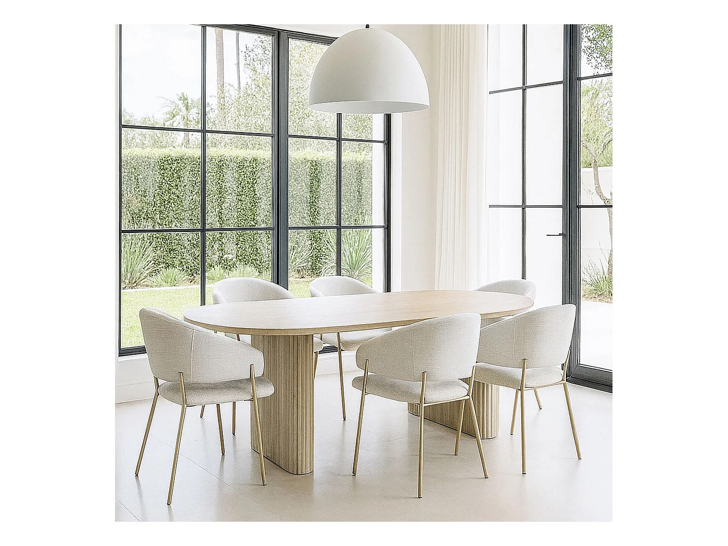 Now's Home - Ensemble Table Ovale Et 6 Fauteuils En Tissu Ecru