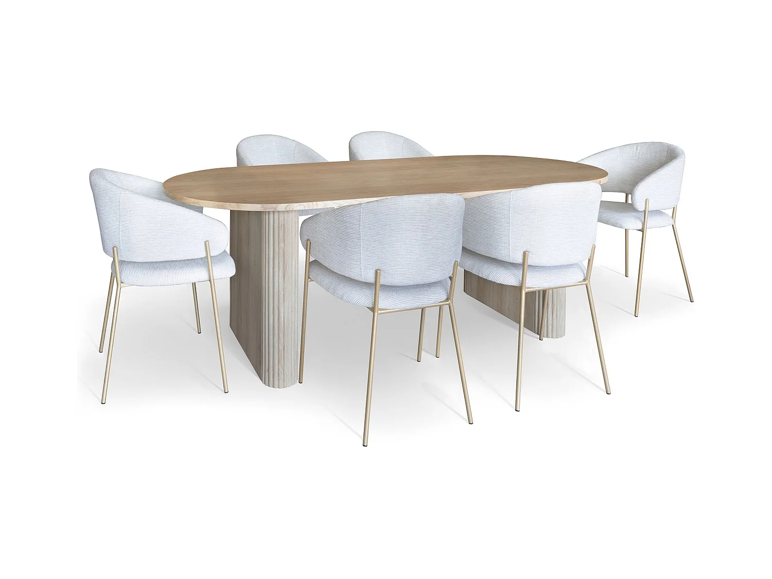 Now's Home - Ens Table 220cm Effet Bois Naturel+ 6fauteuils Tissu Tweed Ecru Quito