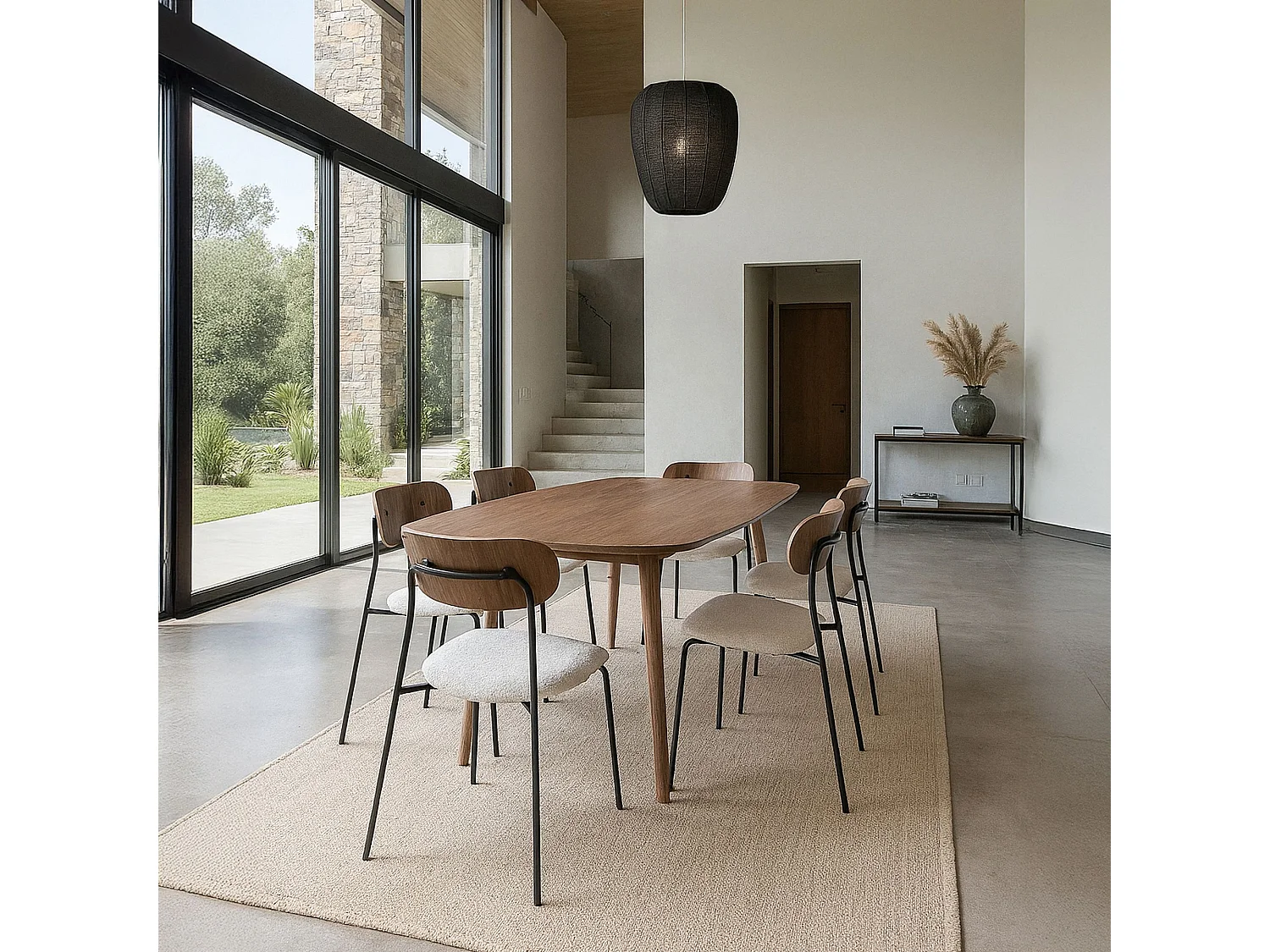 Now's Home - Ensemble Table Rectangulaire Et 6 Chaises En Tissu Ecru