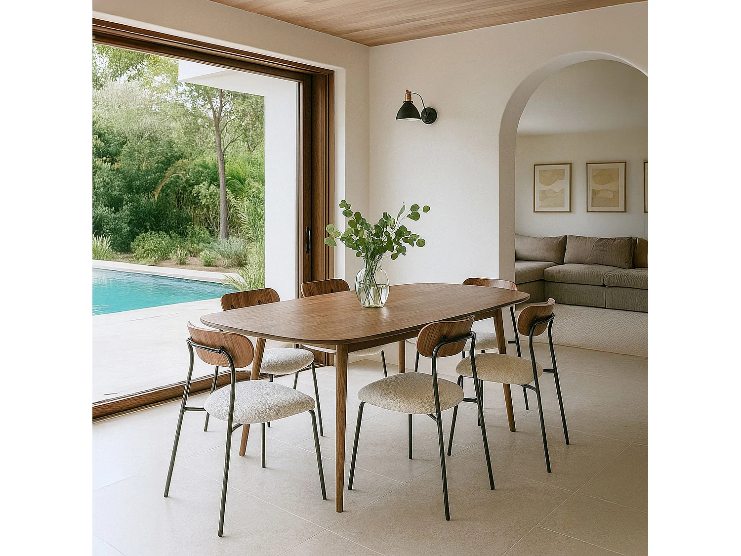 Now's Home - Ensemble Table Rectangulaire Et 6 Chaises En Tissu Ecru
