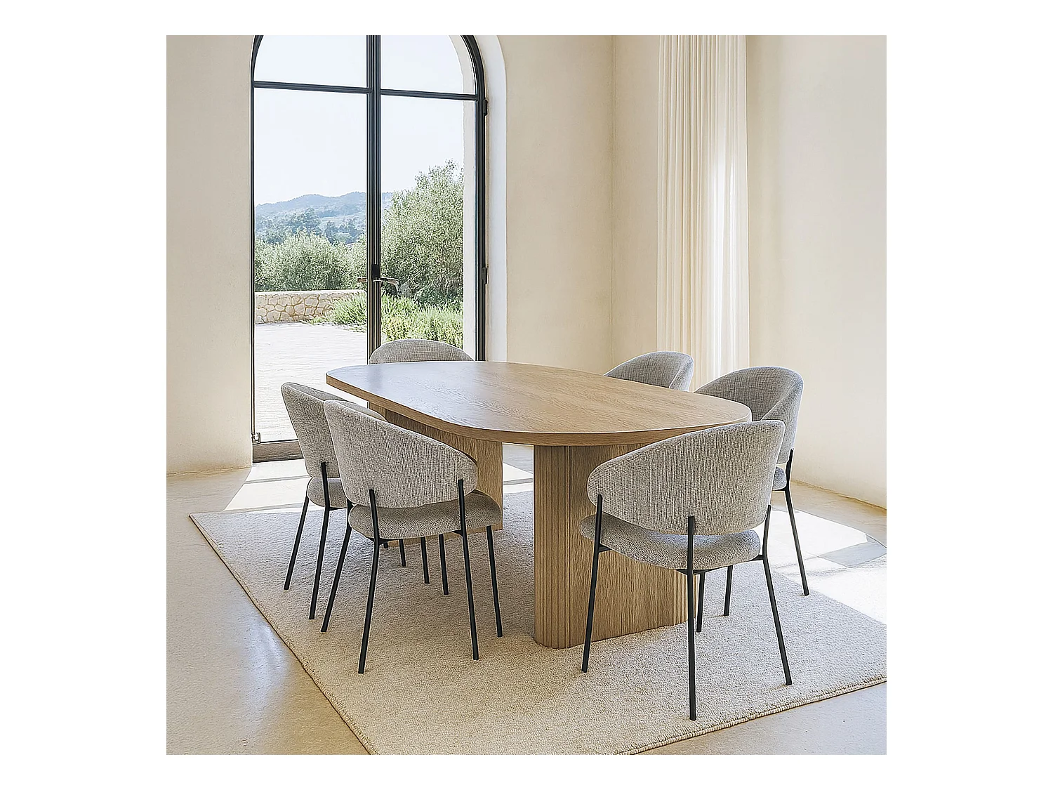 Now's Home - Ensemble Table Ovale Et 6 Fauteuils En Tissu Latte