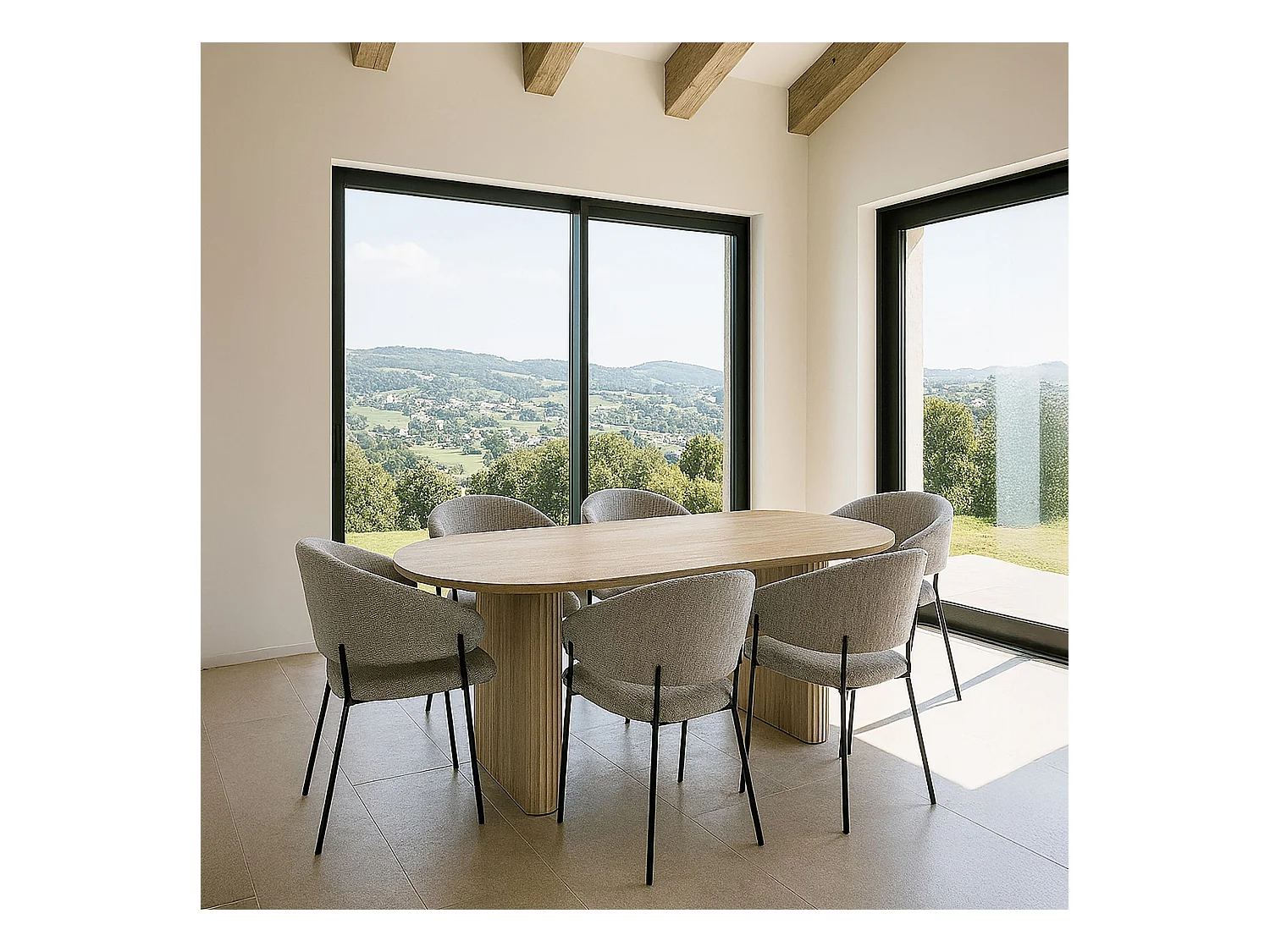 Now's Home - Ensemble Table Ovale Et 6 Fauteuils En Tissu Latte