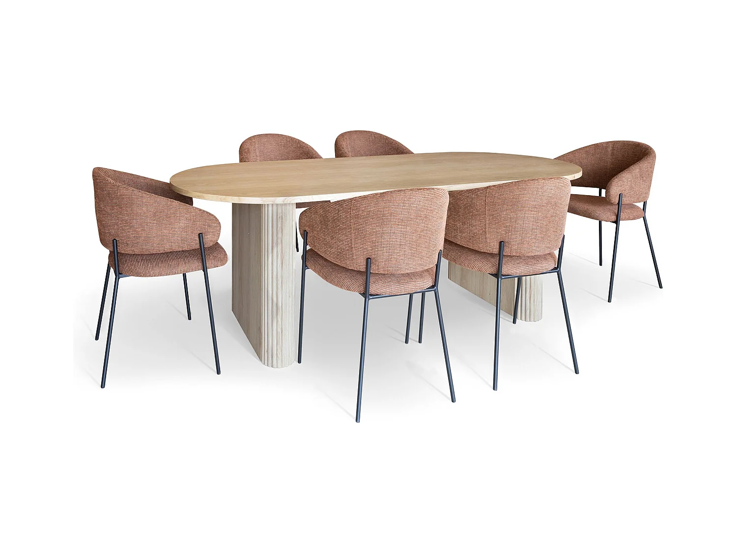 Now's Home - Ens Table 220cm Effet Bois Naturel+6fauteuils Tissu Tweed Brique Quito