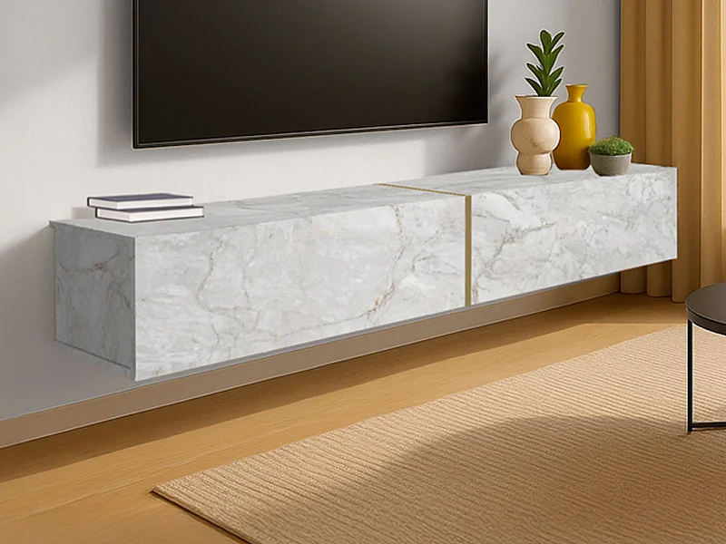 Meuble TV suspendu avec 2 portes - Effet marbre blanc - DINOMA