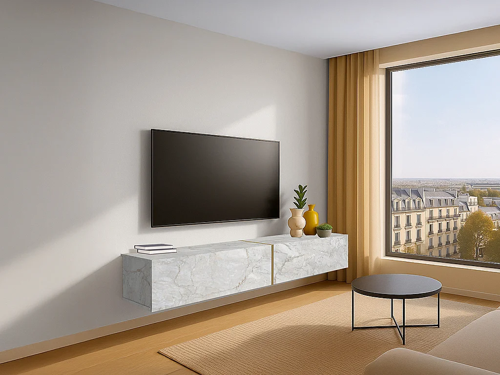 Meuble TV suspendu avec 2 portes - Effet marbre blanc - DINOMA