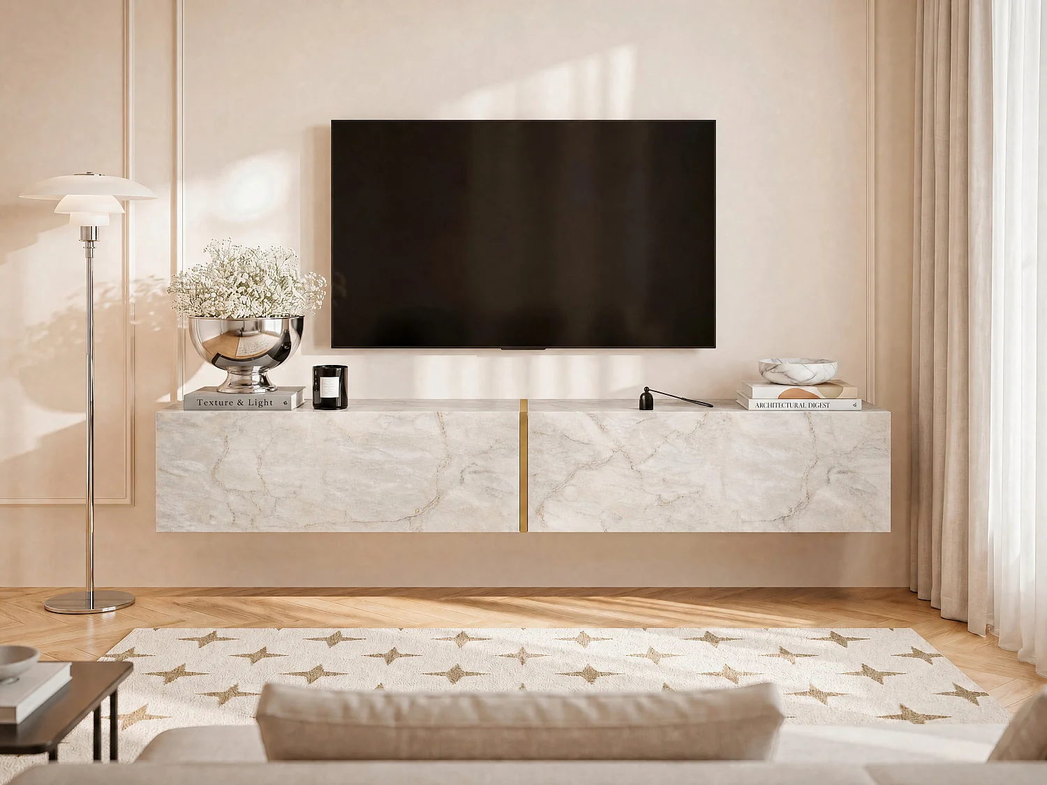 Mobile TV sospeso con 2 ante Effetto marmo Bianco - DINOMA