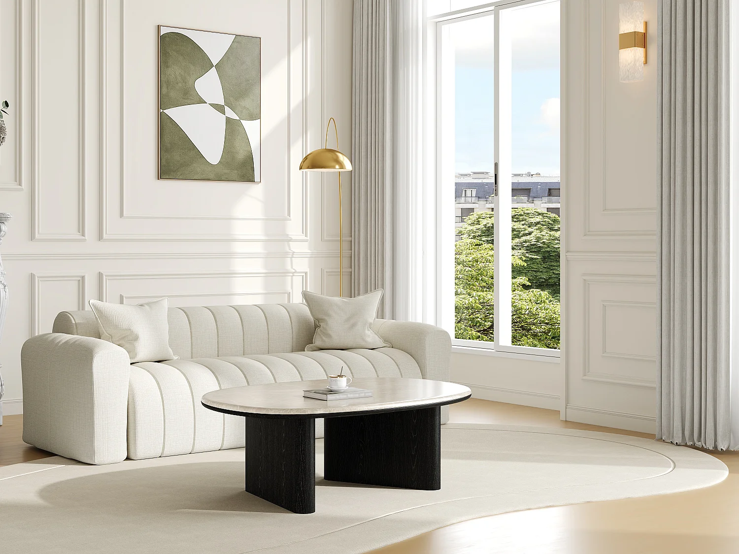 Table basse en marbre et placage chêne - Beige et noir - CORMINA