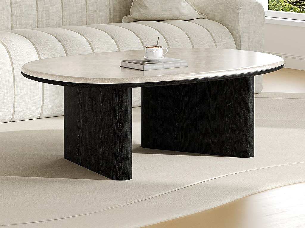 Sofabord i marmor og eikefiner - Beige og svart - CORMINA