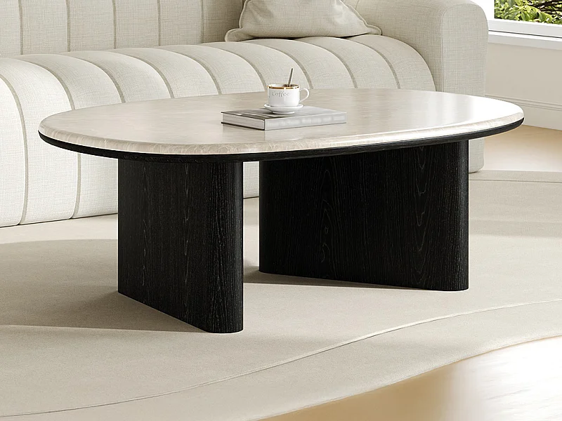 Table basse en marbre et placage chêne - Beige et noir - CORMINA