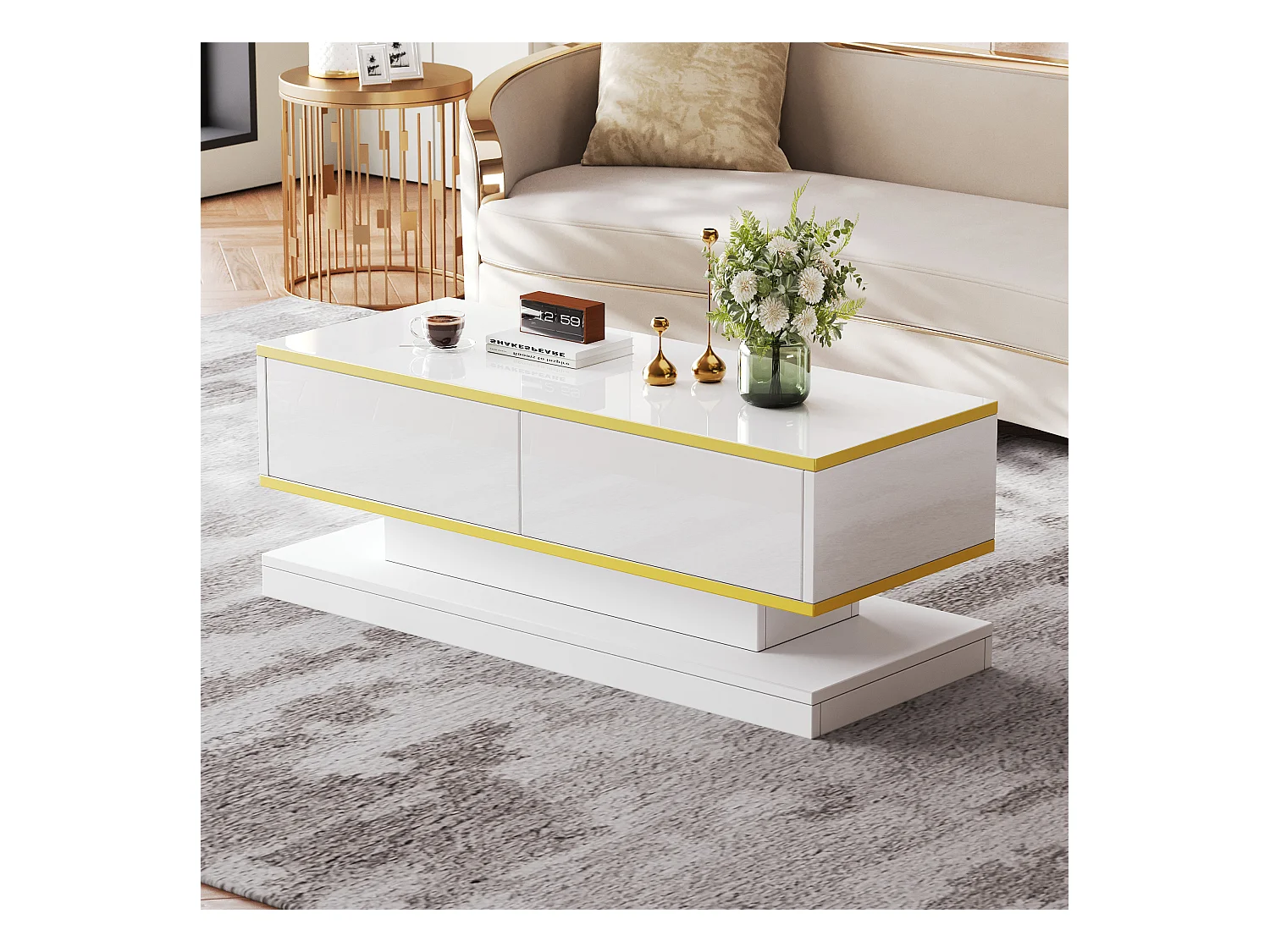 Table basse moderne à LED avec espace de rangement, 3 tiroirs et 1 compartiment ouvert, blanc + or