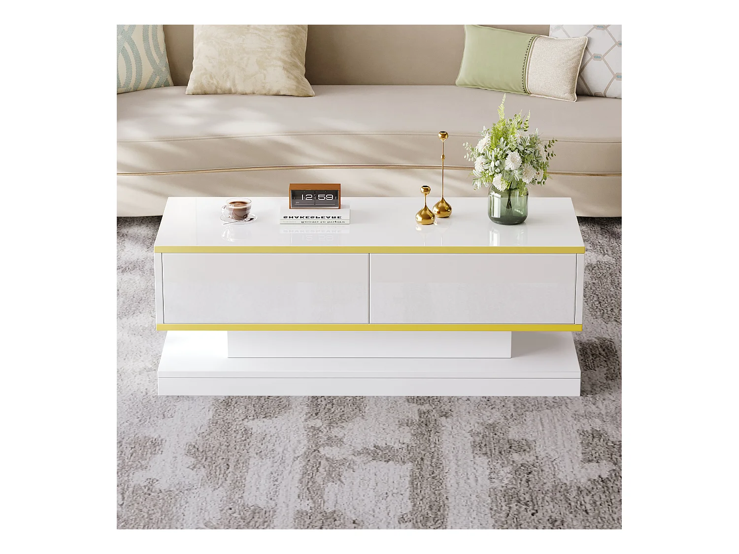 Table basse moderne à LED avec espace de rangement, 3 tiroirs et 1 compartiment ouvert, blanc + or