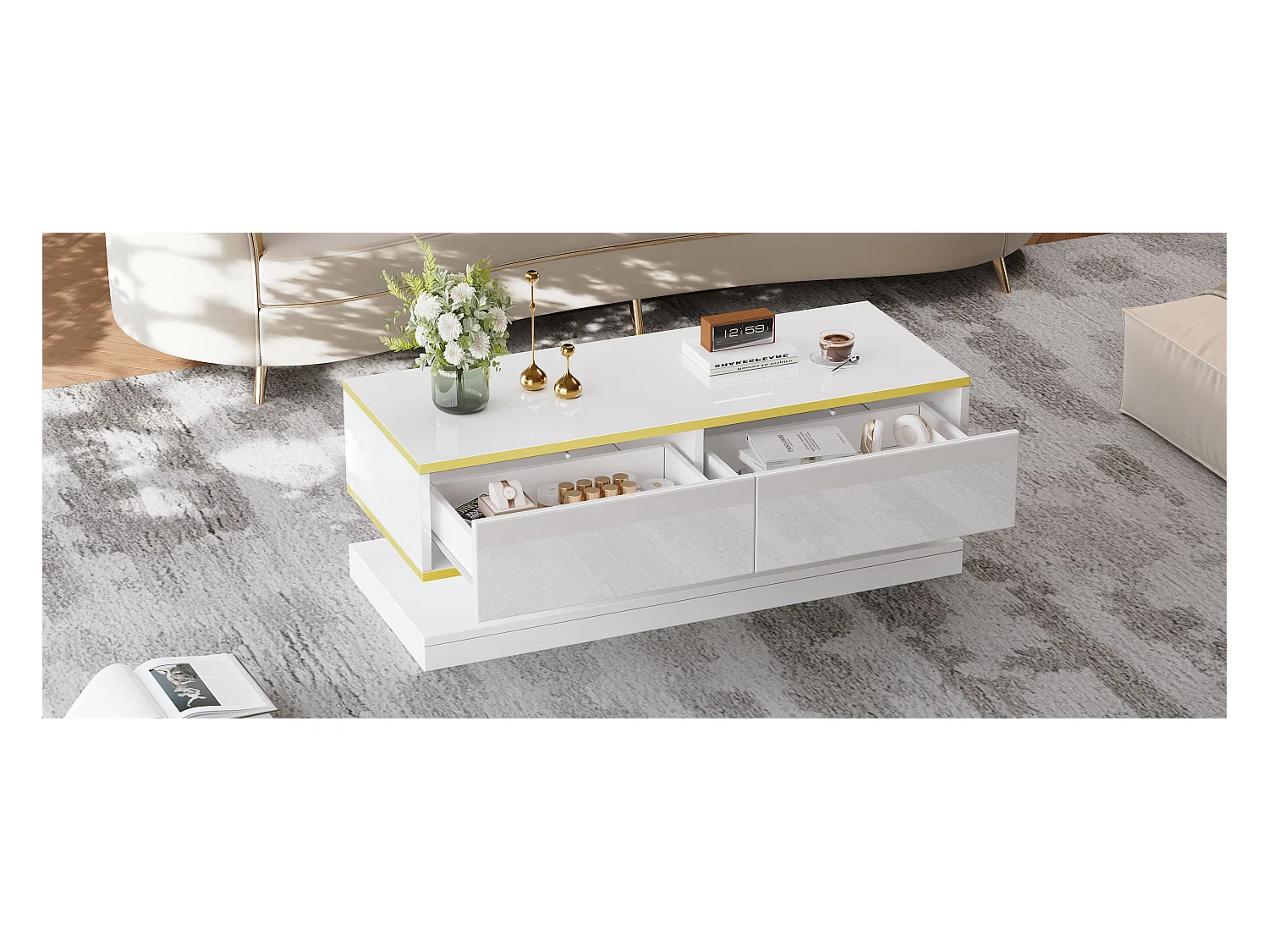 Table basse moderne à LED avec espace de rangement, 3 tiroirs et 1 compartiment ouvert, blanc + or