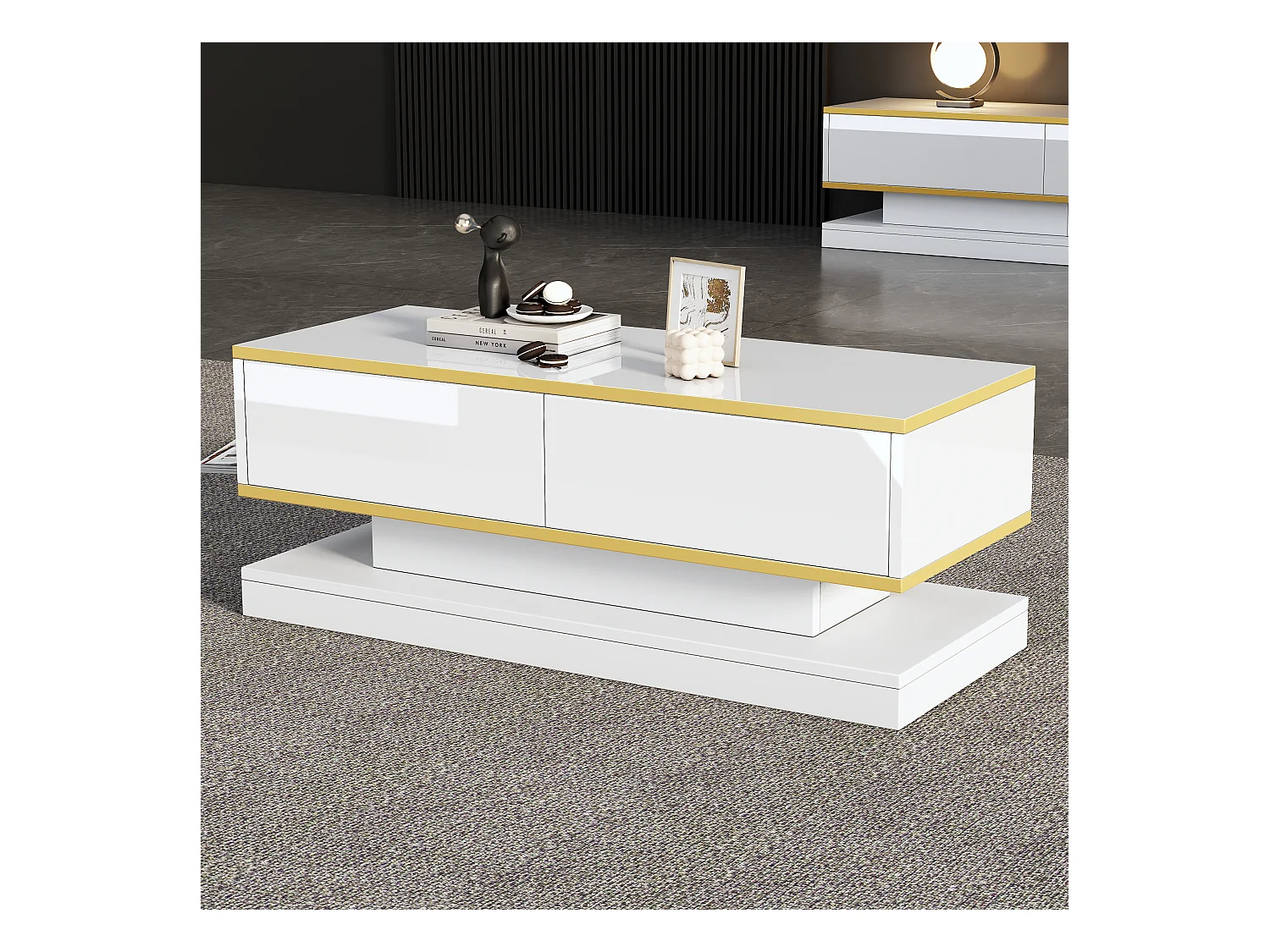 Table basse moderne à LED avec espace de rangement, 3 tiroirs et 1 compartiment ouvert, blanc + or