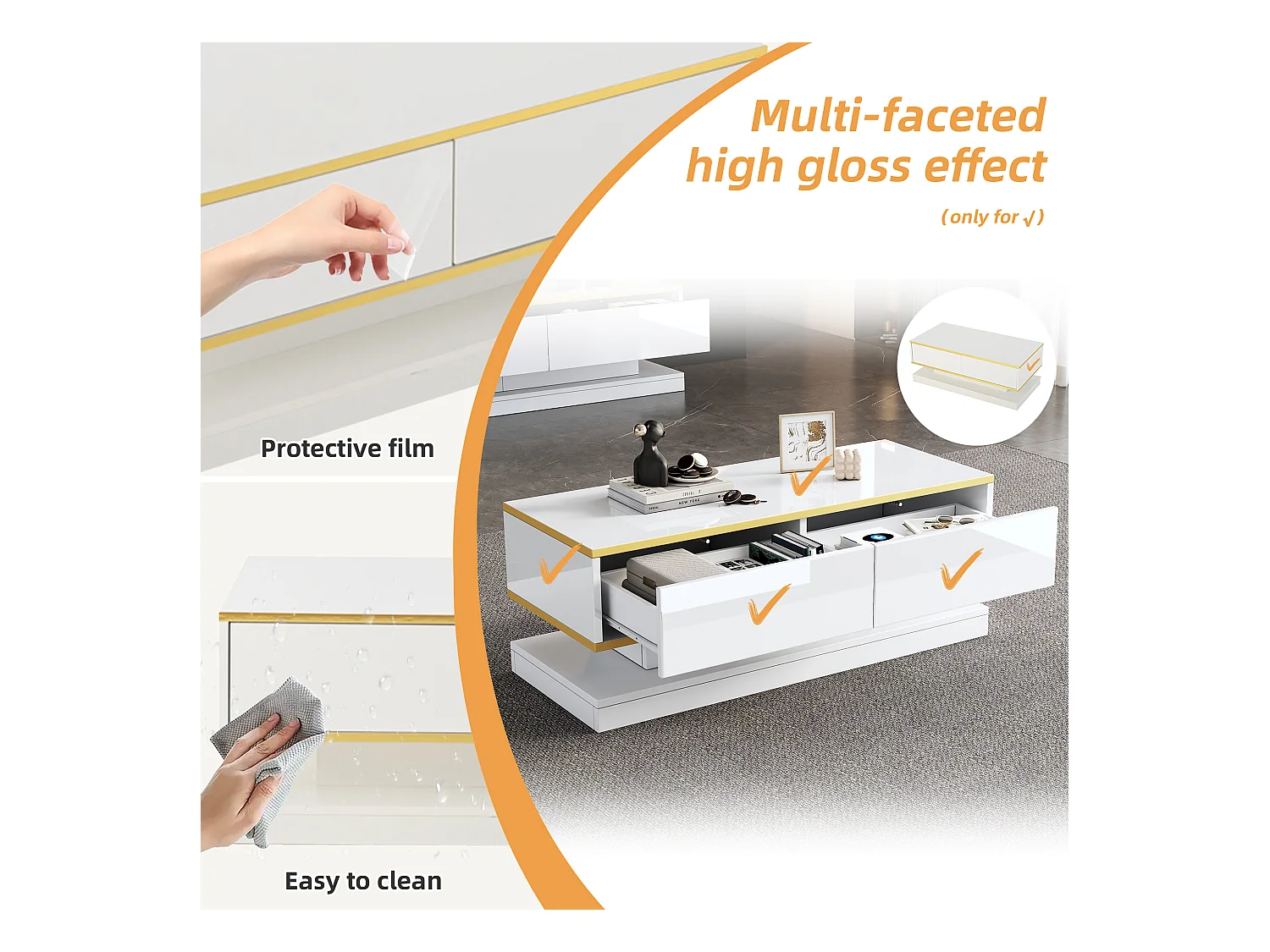 Table basse moderne à LED avec espace de rangement, 3 tiroirs et 1 compartiment ouvert, blanc + or