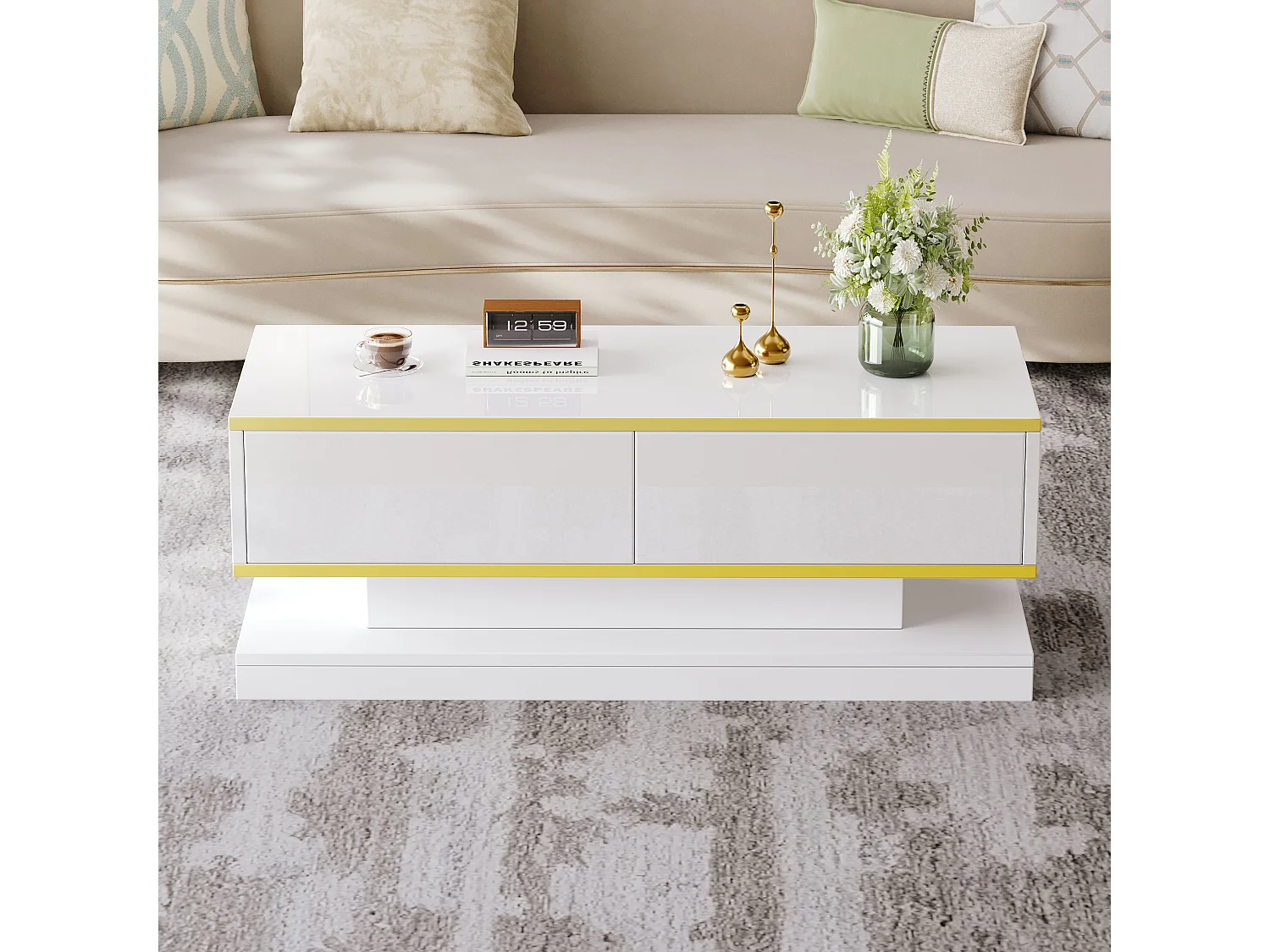 Table basse moderne à LED avec espace de rangement, 3 tiroirs et 1 compartiment ouvert, blanc + or