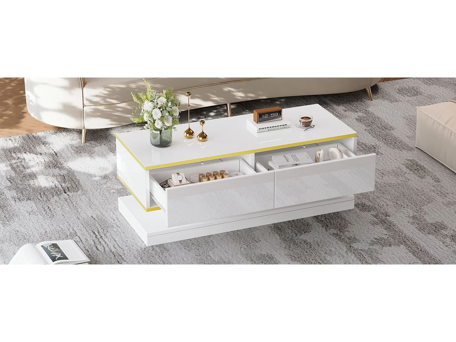 Table basse moderne à LED avec espace de rangement, 3 tiroirs et 1 compartiment ouvert, blanc + or