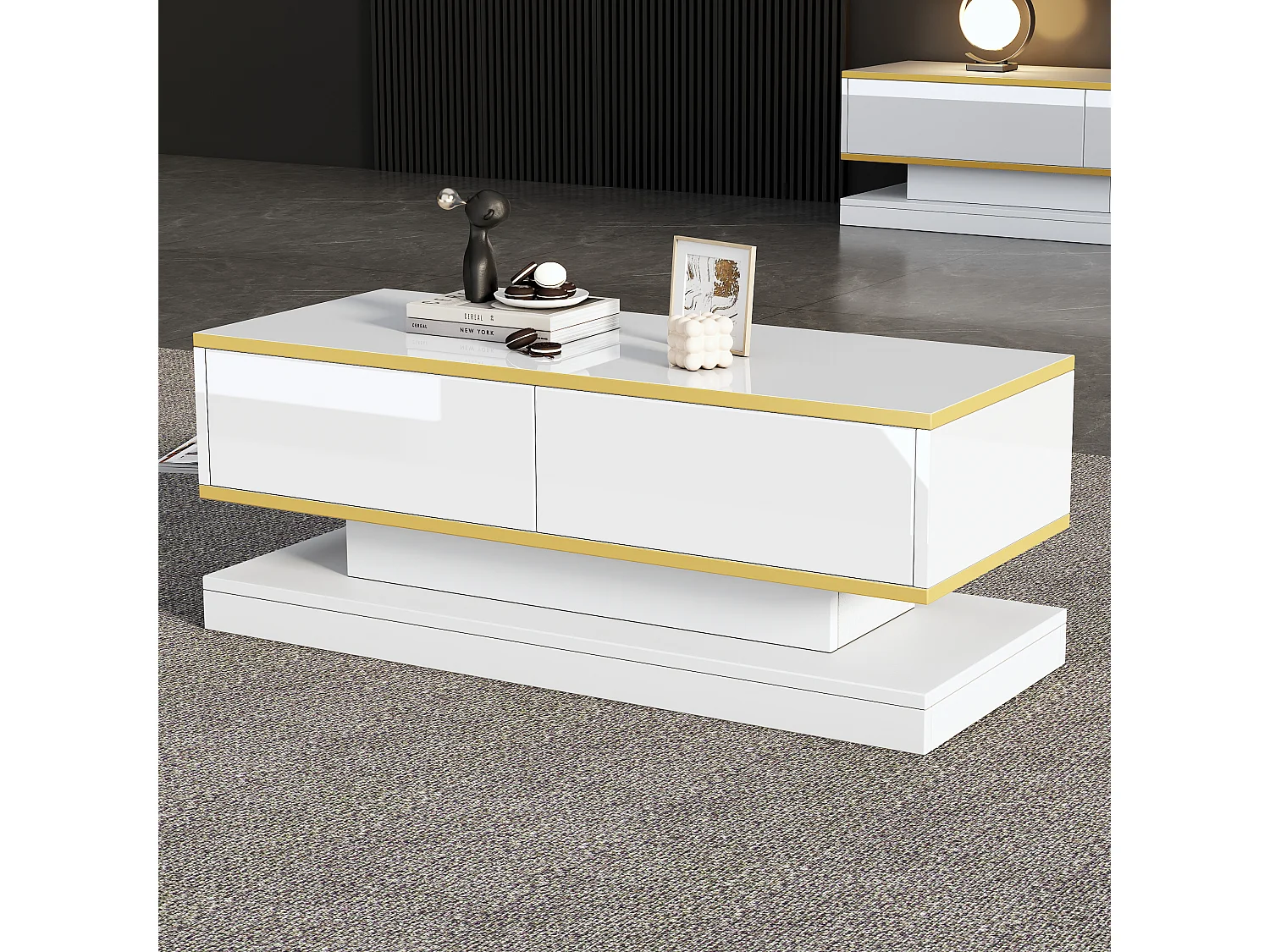 Table basse moderne à LED avec espace de rangement, 3 tiroirs et 1 compartiment ouvert, blanc + or