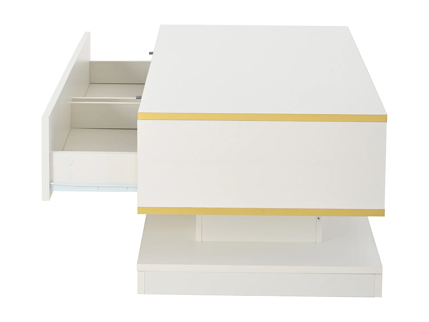 Table basse moderne à LED avec espace de rangement, 3 tiroirs et 1 compartiment ouvert, blanc + or