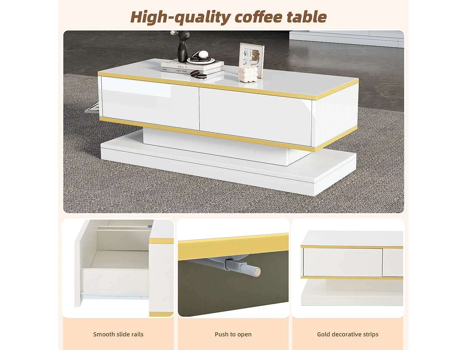Table basse moderne à LED avec espace de rangement, 3 tiroirs et 1 compartiment ouvert, blanc + or