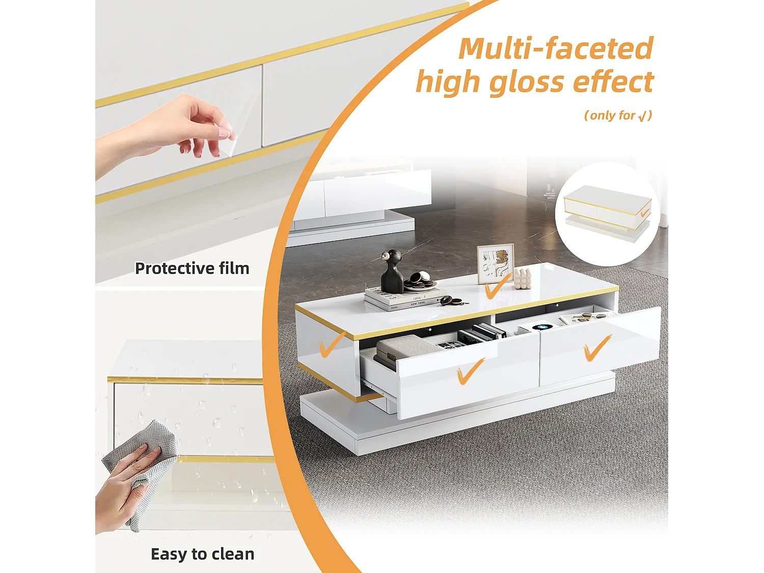 Table basse moderne à LED avec espace de rangement, 3 tiroirs et 1 compartiment ouvert, blanc + or