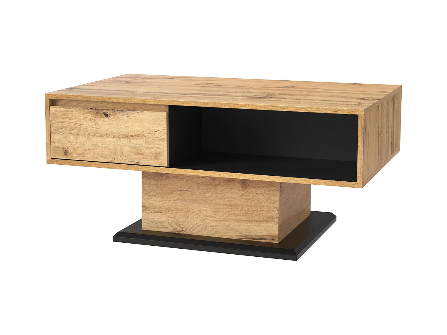 Table Basse Rectangulaire en Chêne + Anthracite , 100 x 60 x 47 cm , avec Tiroir et 2 Étagères