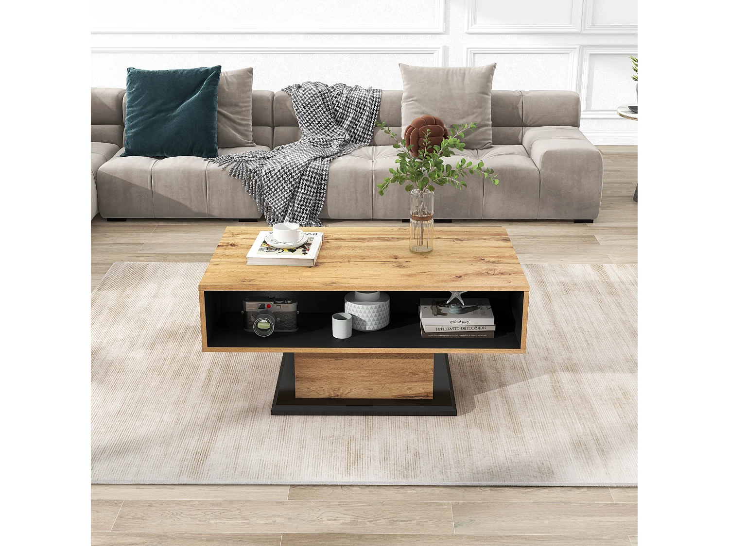Table Basse Rectangulaire en Chêne + Anthracite , 100 x 60 x 47 cm , avec Tiroir et 2 Étagères