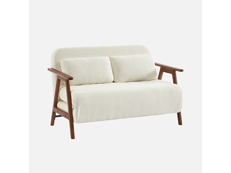 Sofá cama convertible en borreguito y madera teñido nogal, 2 plazas