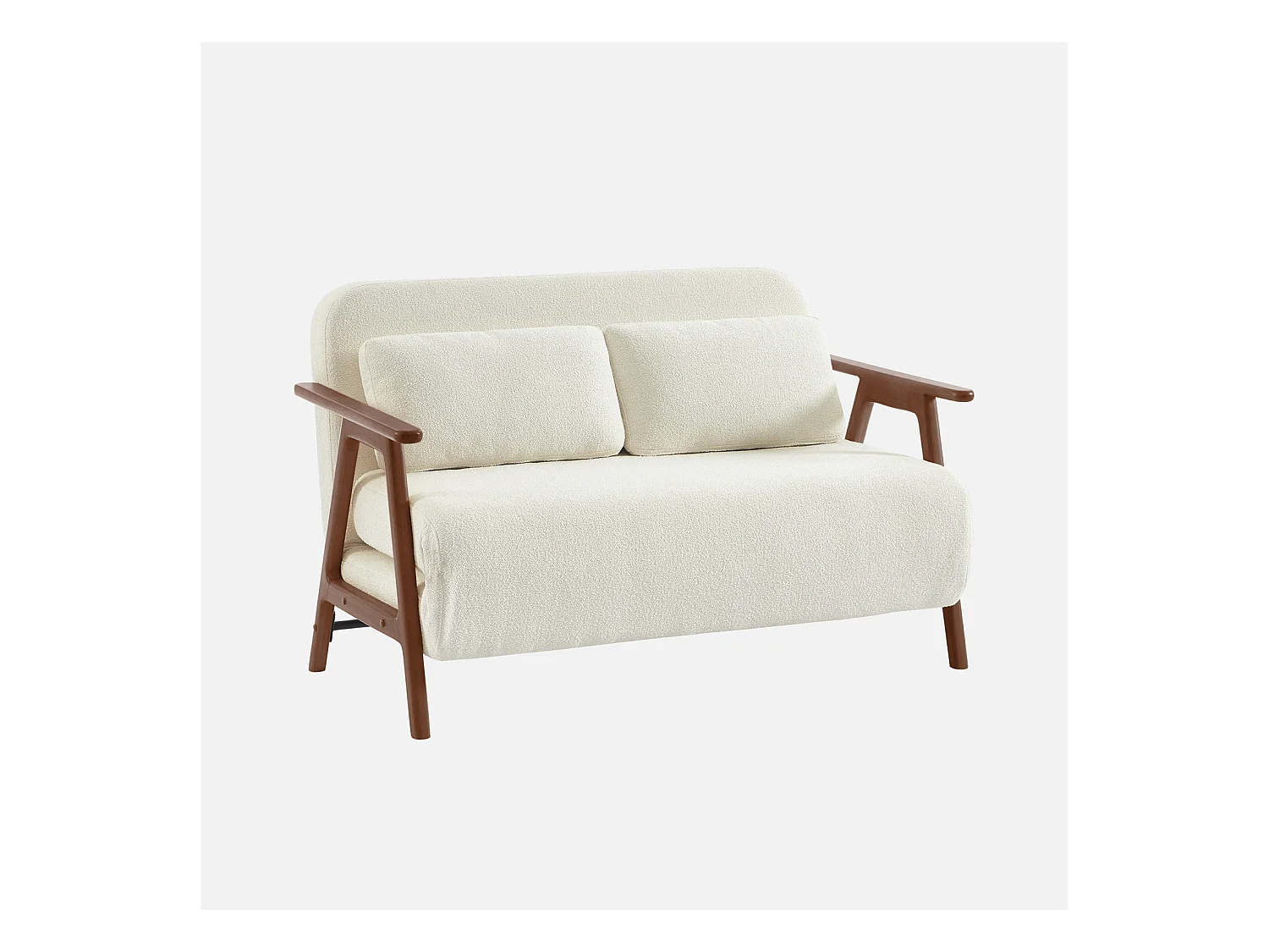 Banquette canapé convertible 2 places bois d'hévéa teinté noyer clair et bouclette texturée blanche L 133 x P 81 x 84cm - Sven