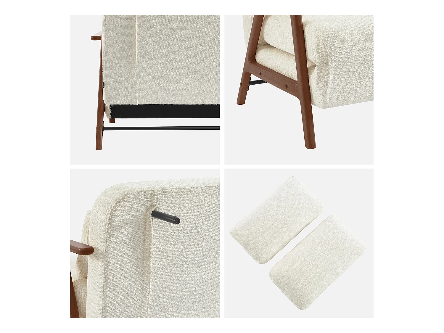 Banquette canapé convertible 2 places bois d'hévéa teinté noyer clair et bouclette texturée blanche L 133 x P 81 x 84cm - Sven