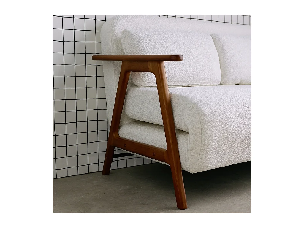 Banquette canapé convertible 2 places bois d'hévéa teinté noyer clair et bouclette texturée blanche L 133 x P 81 x 84cm - Sven