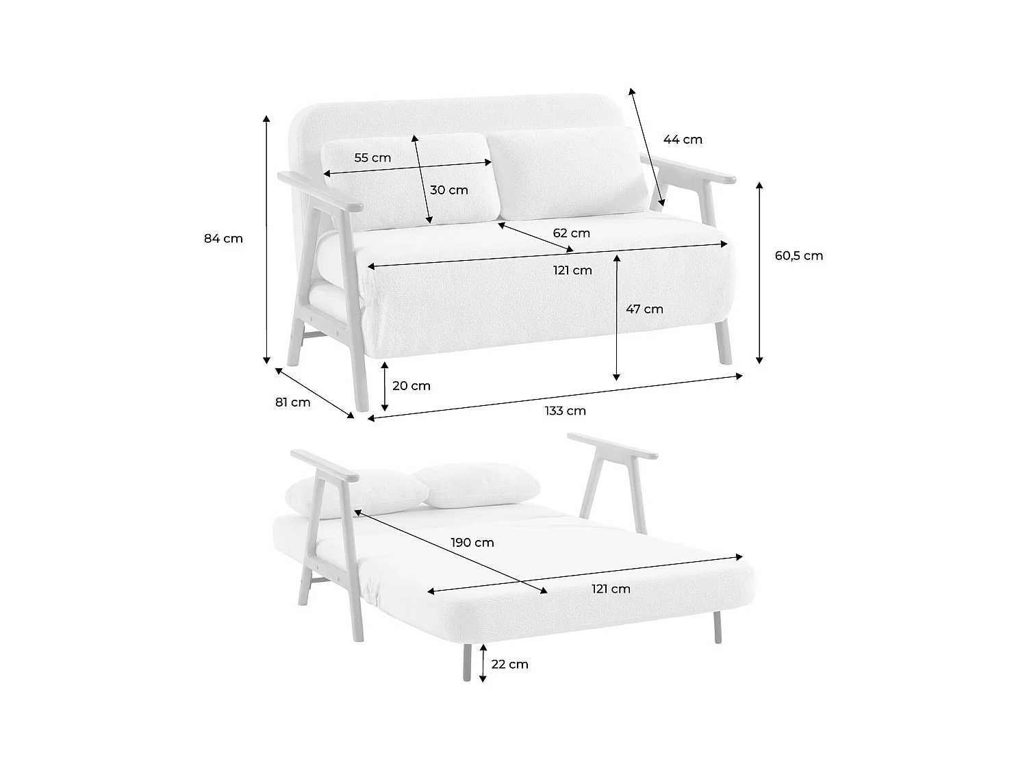 Banquette canapé convertible 2 places bois d'hévéa teinté noyer clair et bouclette texturée blanche L 133 x P 81 x 84cm - Sven