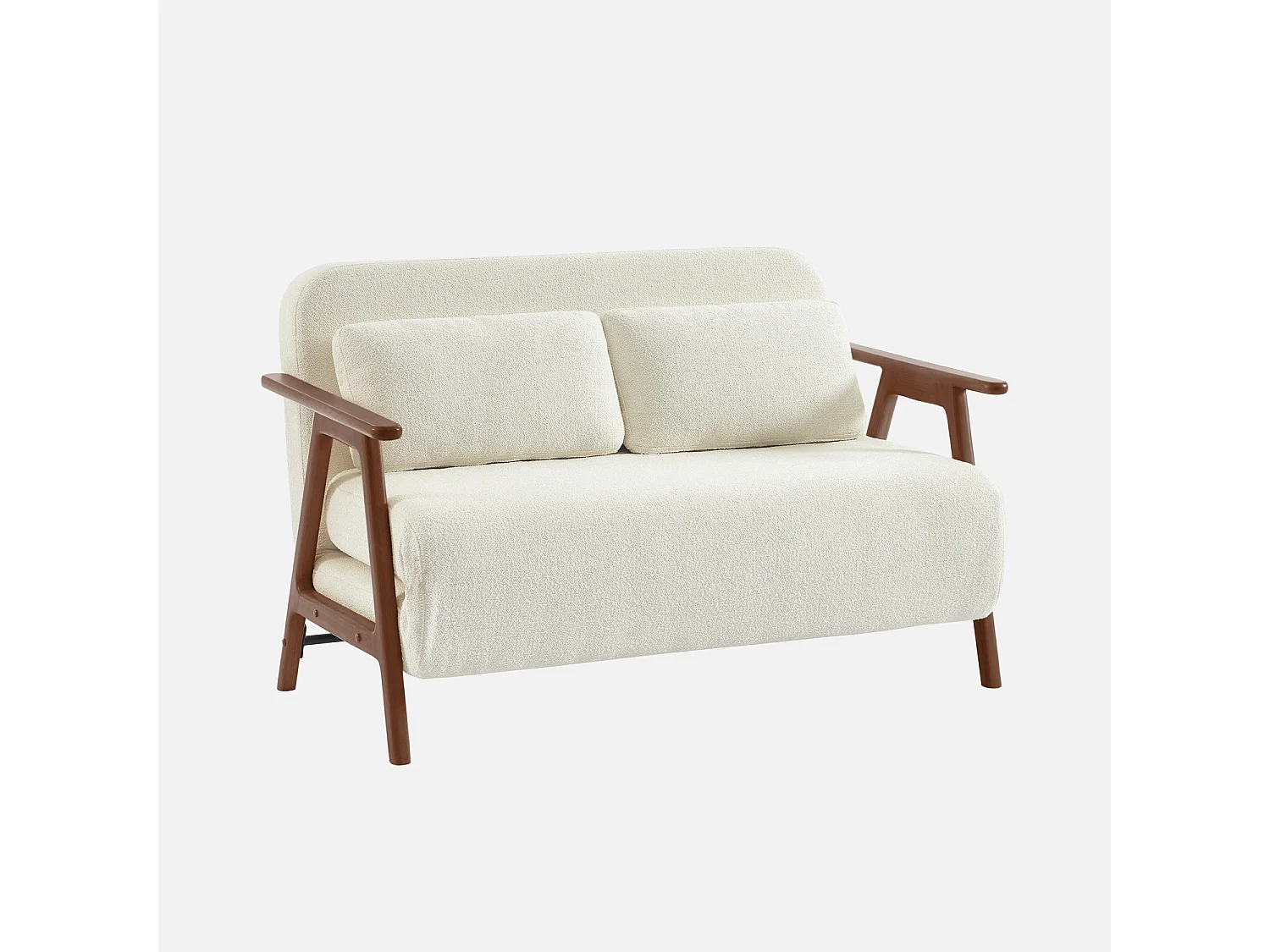 Sofá cama convertible en borreguito y madera teñido nogal, 2 plazas