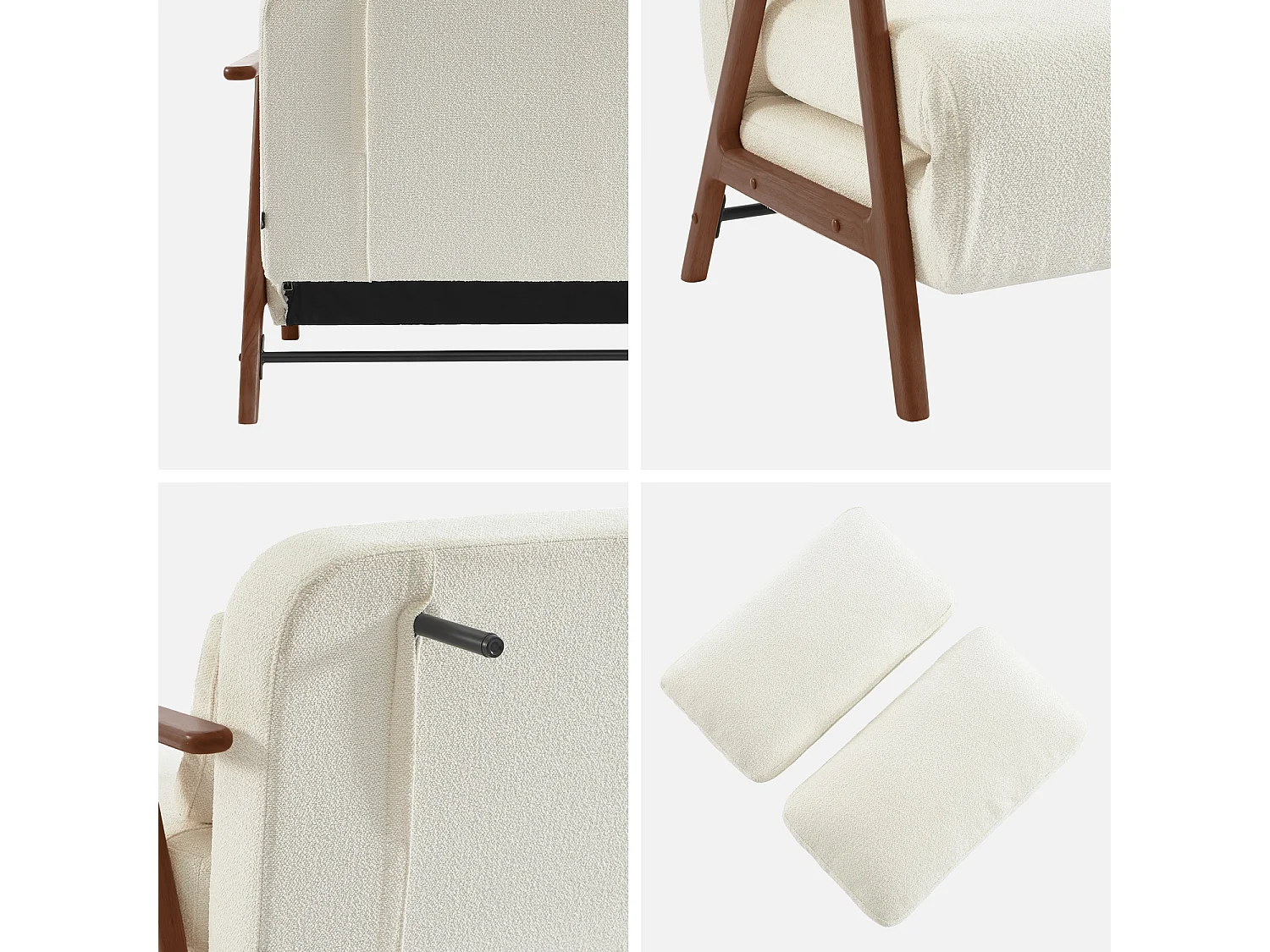 Sofá cama convertible en borreguito y madera teñido nogal, 2 plazas