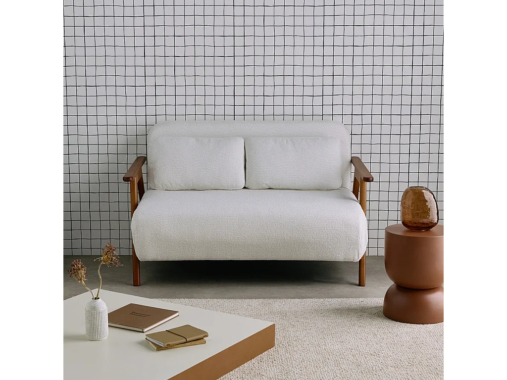 Sofá cama convertible en borreguito y madera teñido nogal, 2 plazas