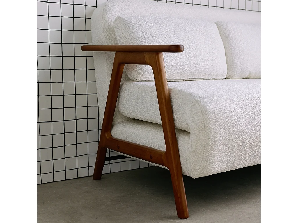 Sofá cama convertible en borreguito y madera teñido nogal, 2 plazas