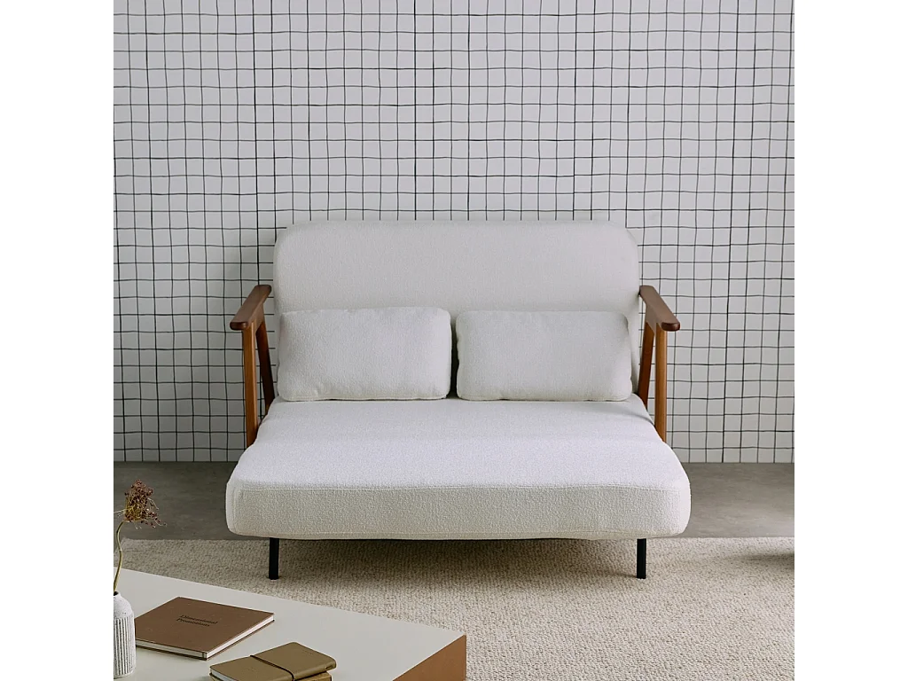 Sofá cama convertible en borreguito y madera teñido nogal, 2 plazas