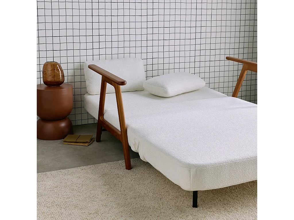 Sofá cama convertible en borreguito y madera teñido nogal, 2 plazas