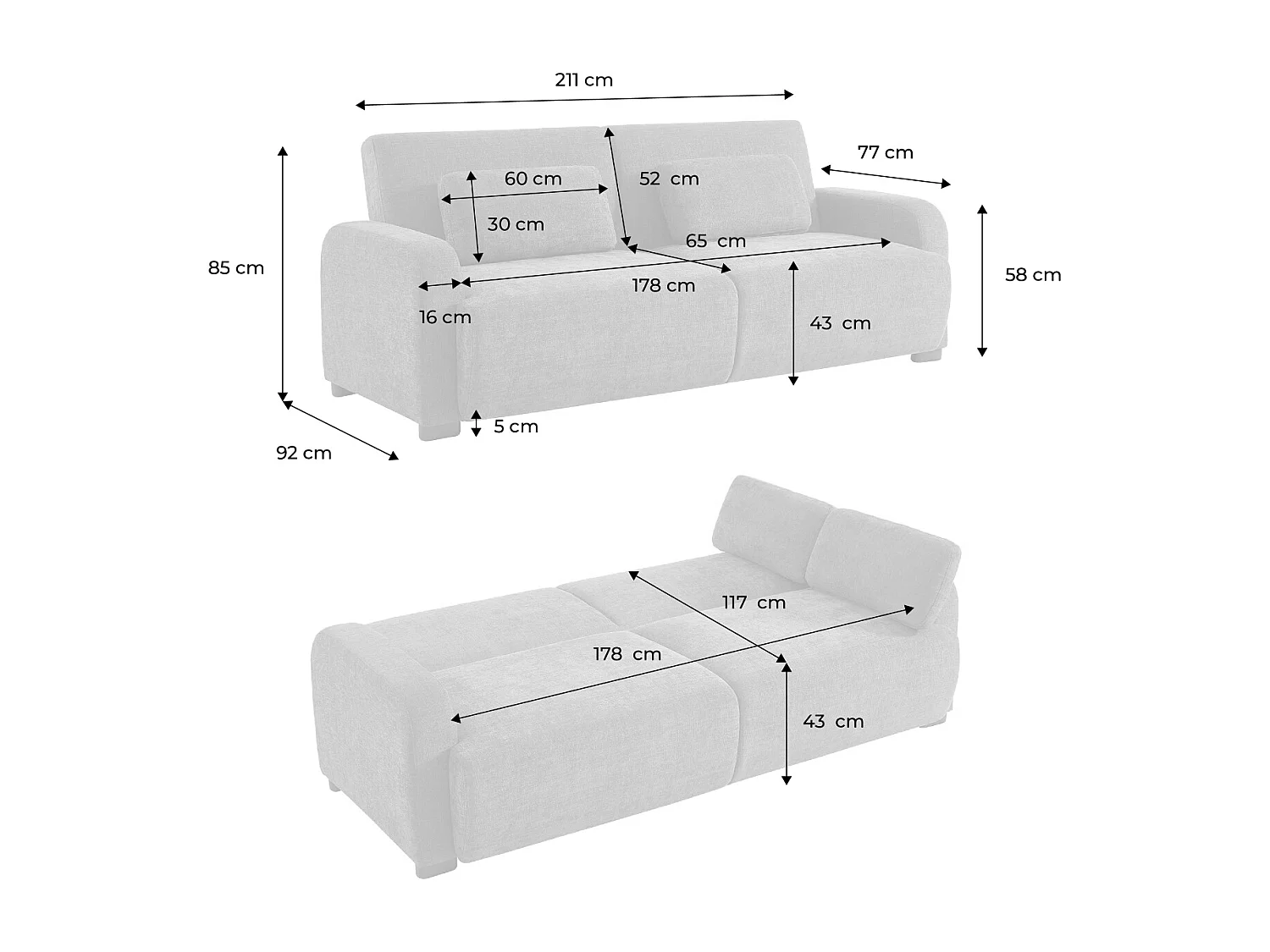 Canapé convertible 3 places tissu blanc cassé L 211 x P 92 x 85cm  - Dany