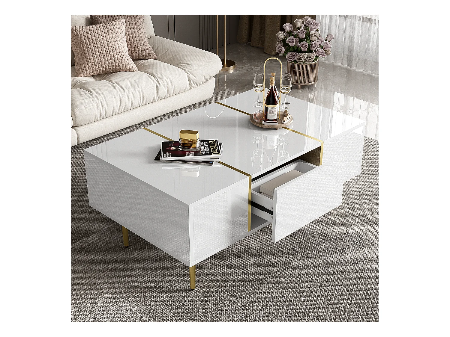 Mesa de centro retangular com 2 gavetas, mesa de centro de madeira com linhas douradas, branca