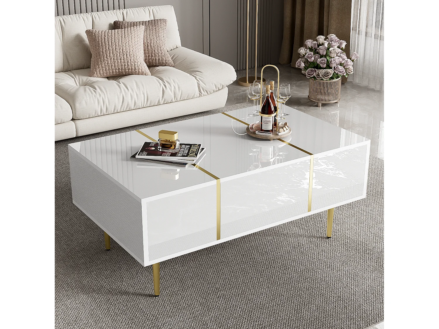 Mesa de centro rectangular, mesa de salón con 2 cajones, líneas doradas, color blanco